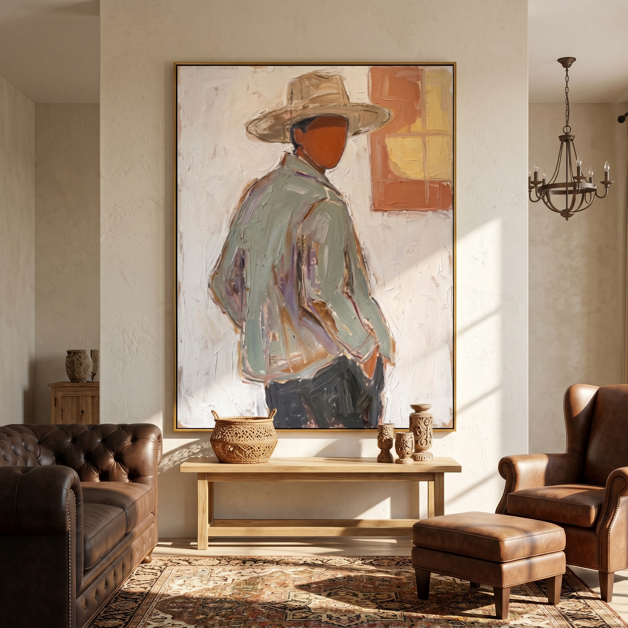 Open Hour – gray and brown and white mid-century modern abstract figures art, vertical hand-painted canvas art – view 2