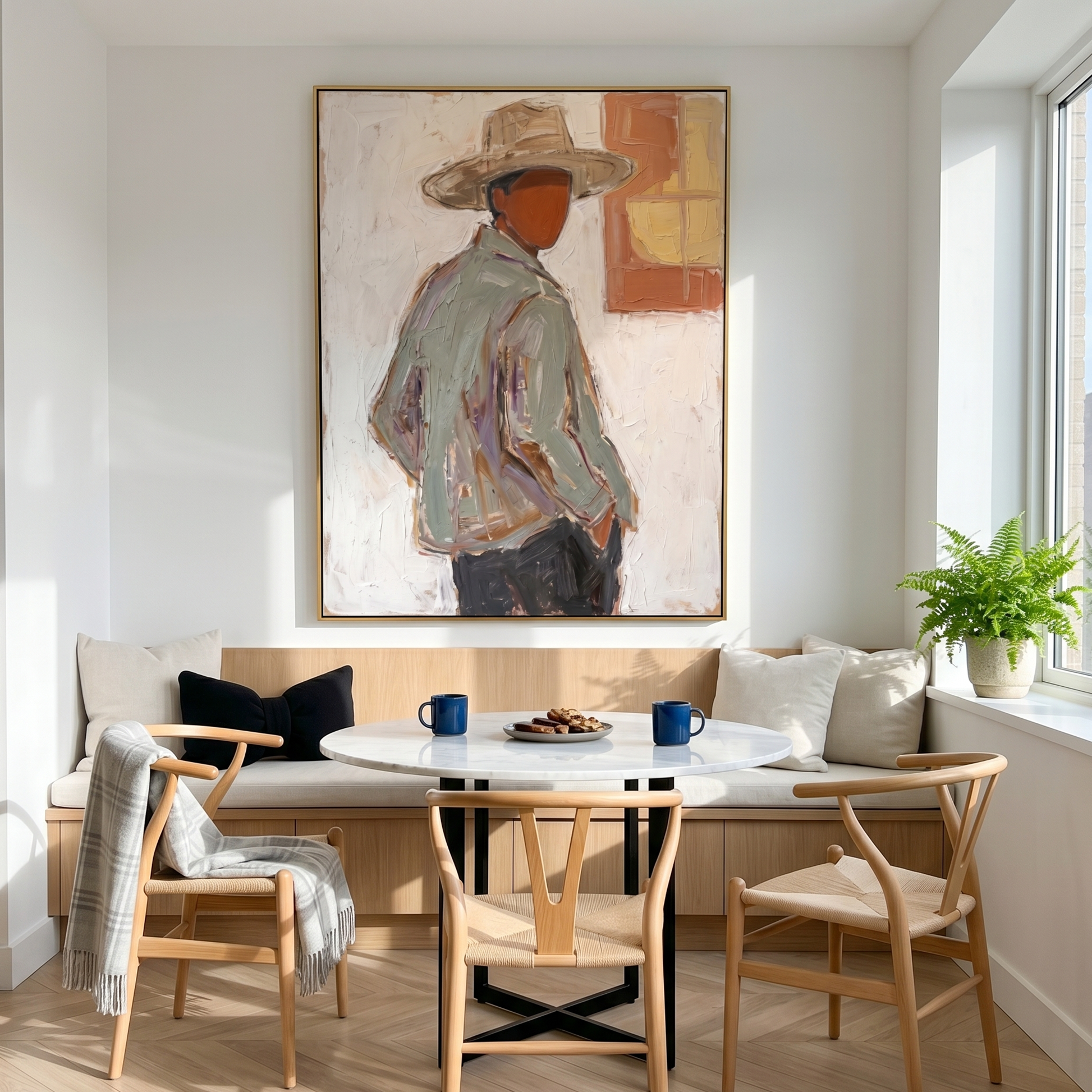 Open Hour – gray and brown and white mid-century modern abstract figures art, vertical hand-painted canvas art – view 3