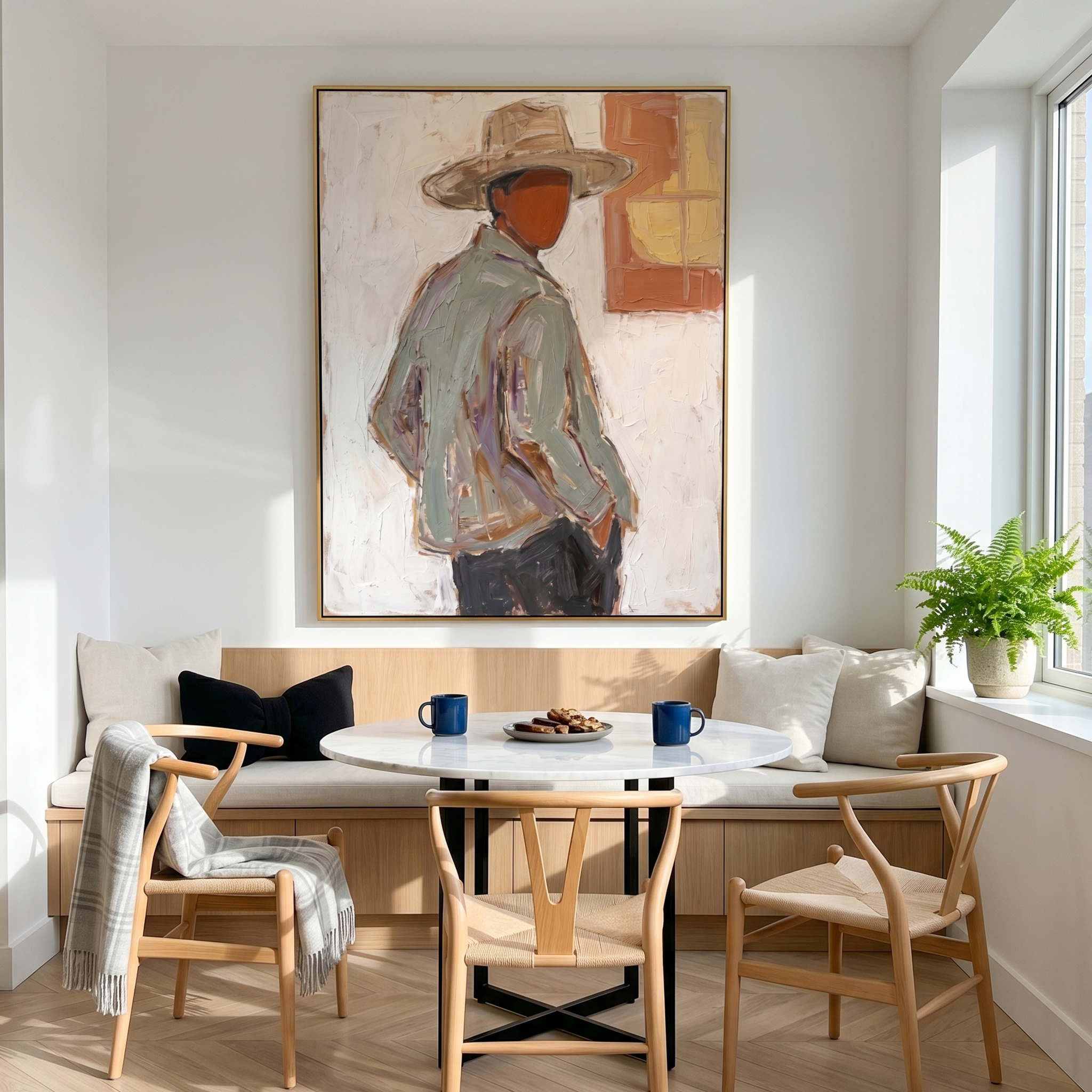 Open Hour – gray and brown and white mid-century modern abstract figures art, vertical hand-painted canvas art – view 3