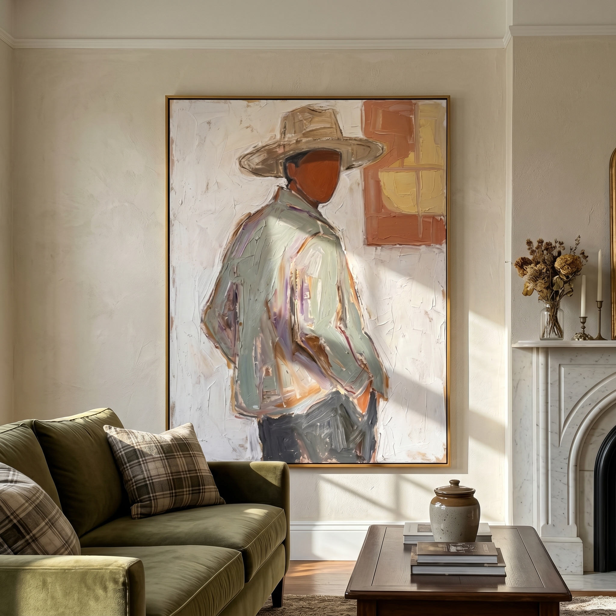 Open Hour – gray and brown and white mid-century modern abstract figures art, vertical hand-painted canvas art – view 4