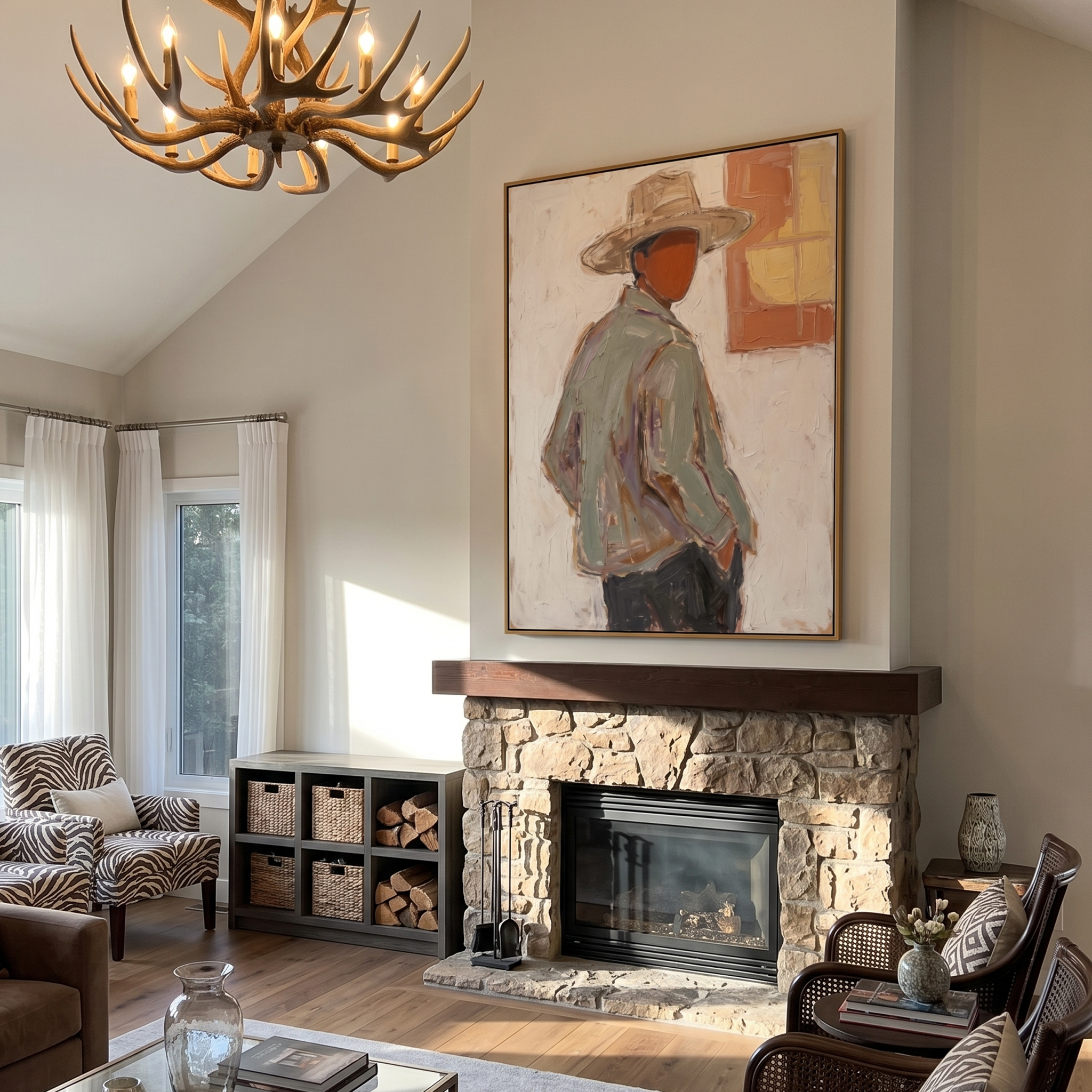 Open Hour – gray and brown and white mid-century modern abstract figures art, vertical hand-painted canvas art – view 5