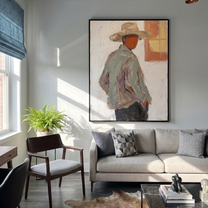 Open Hour – gray and brown and white mid-century modern abstract figures art, vertical hand-painted canvas art – view 6