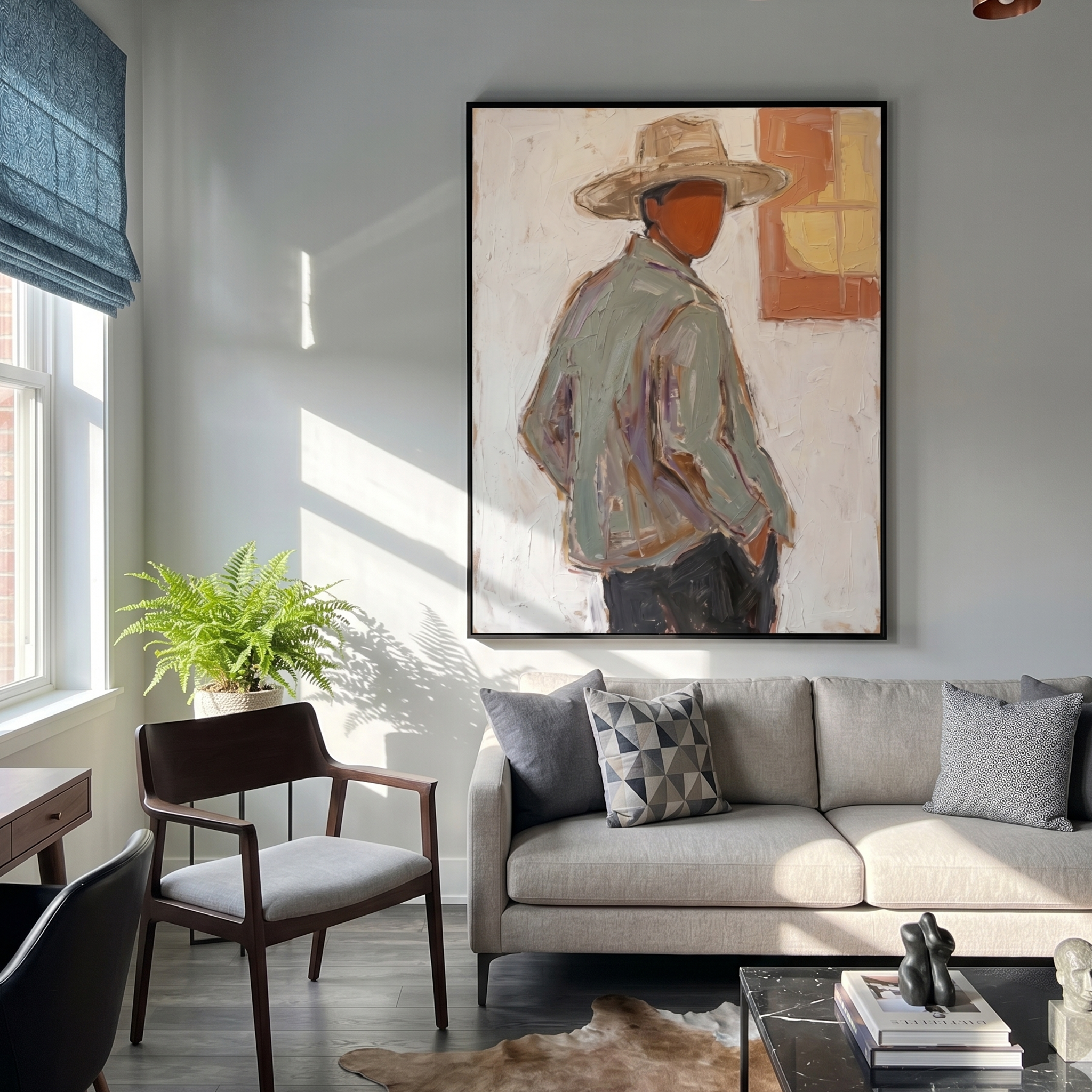 Open Hour – gray and brown and white mid-century modern abstract figures art, vertical hand-painted canvas art – view 6
