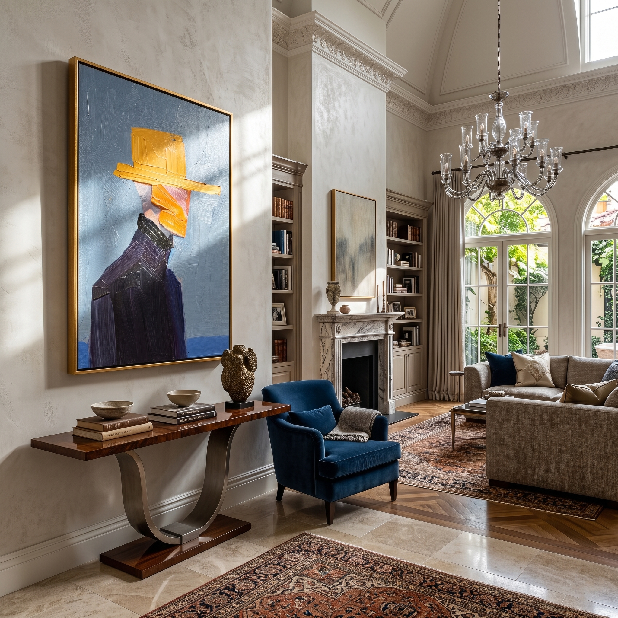 Quiet Rhythm – blue and black mid-century modern abstract figures art, vertical hand-painted canvas art – view 2