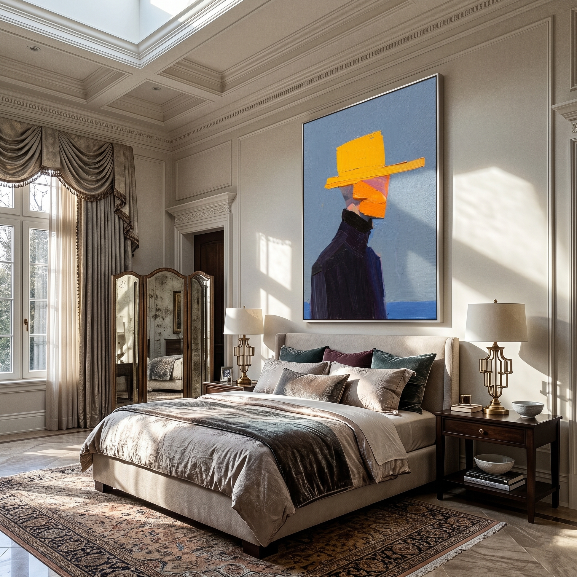 Quiet Rhythm – blue and black mid-century modern abstract figures art, vertical hand-painted canvas art – view 5