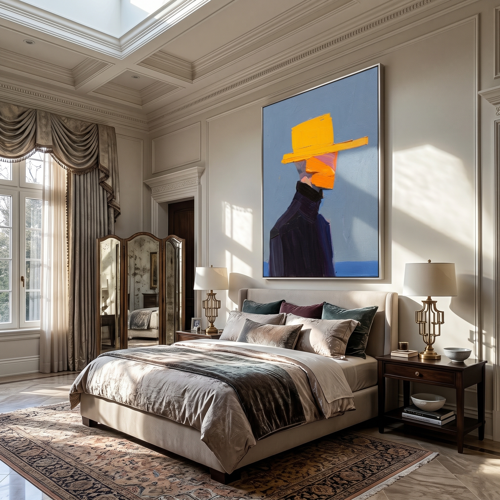 Quiet Rhythm – blue and black mid-century modern abstract figures art, vertical hand-painted canvas art – view 5