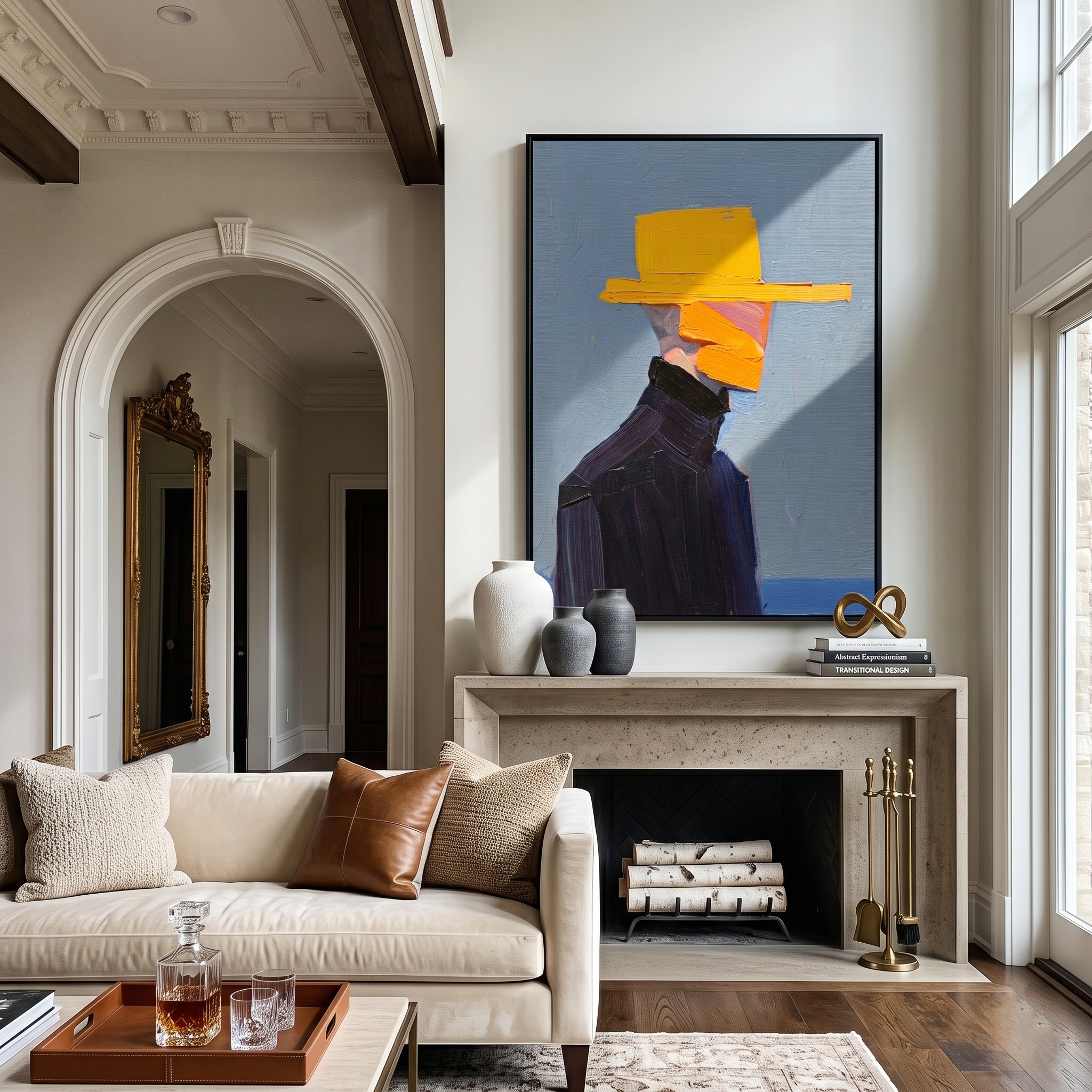 Quiet Rhythm – blue and black mid-century modern abstract figures art, vertical hand-painted canvas art – view 6