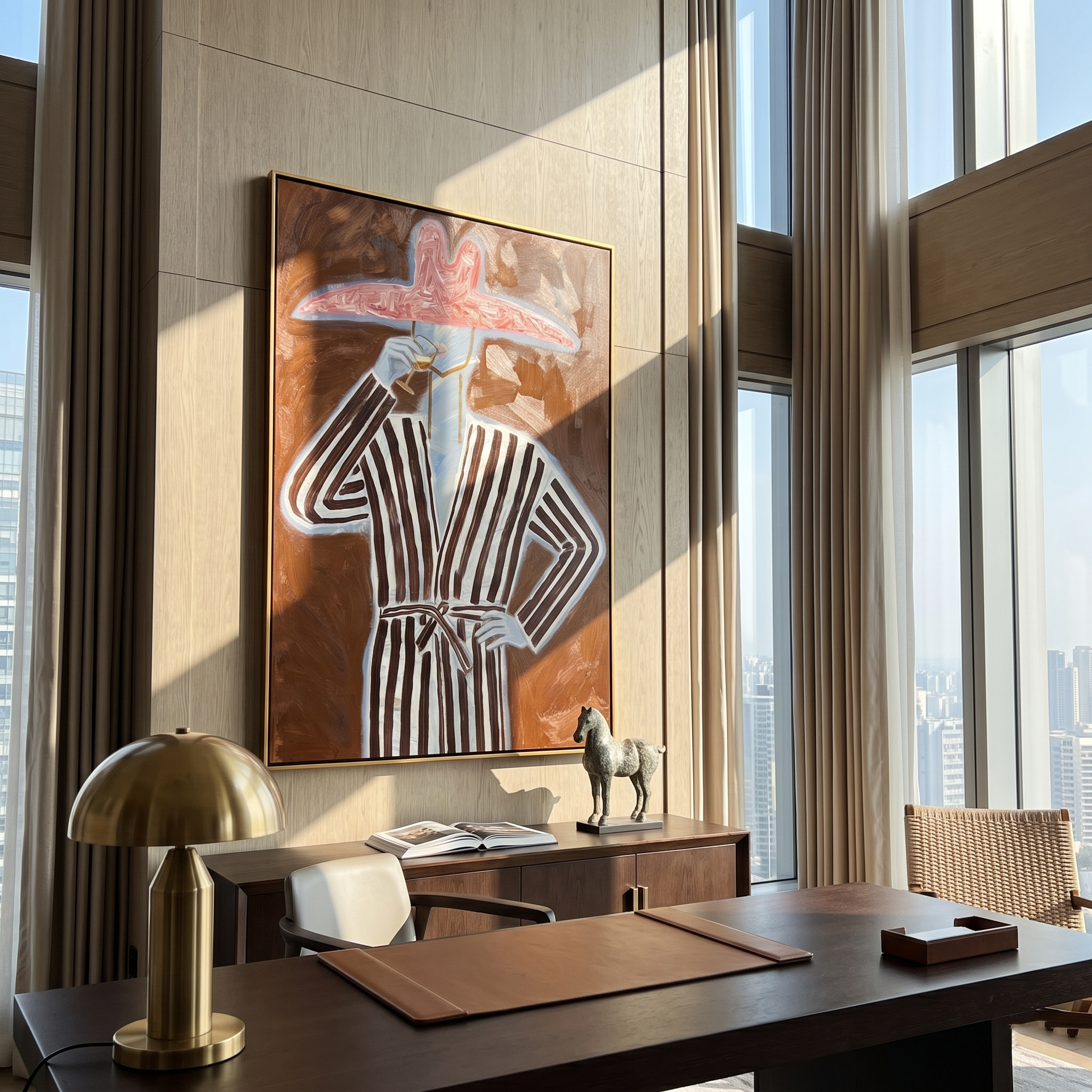 Silent Wind – brown and gray mid-century modern abstract figures art, vertical hand-painted canvas art – view 4
