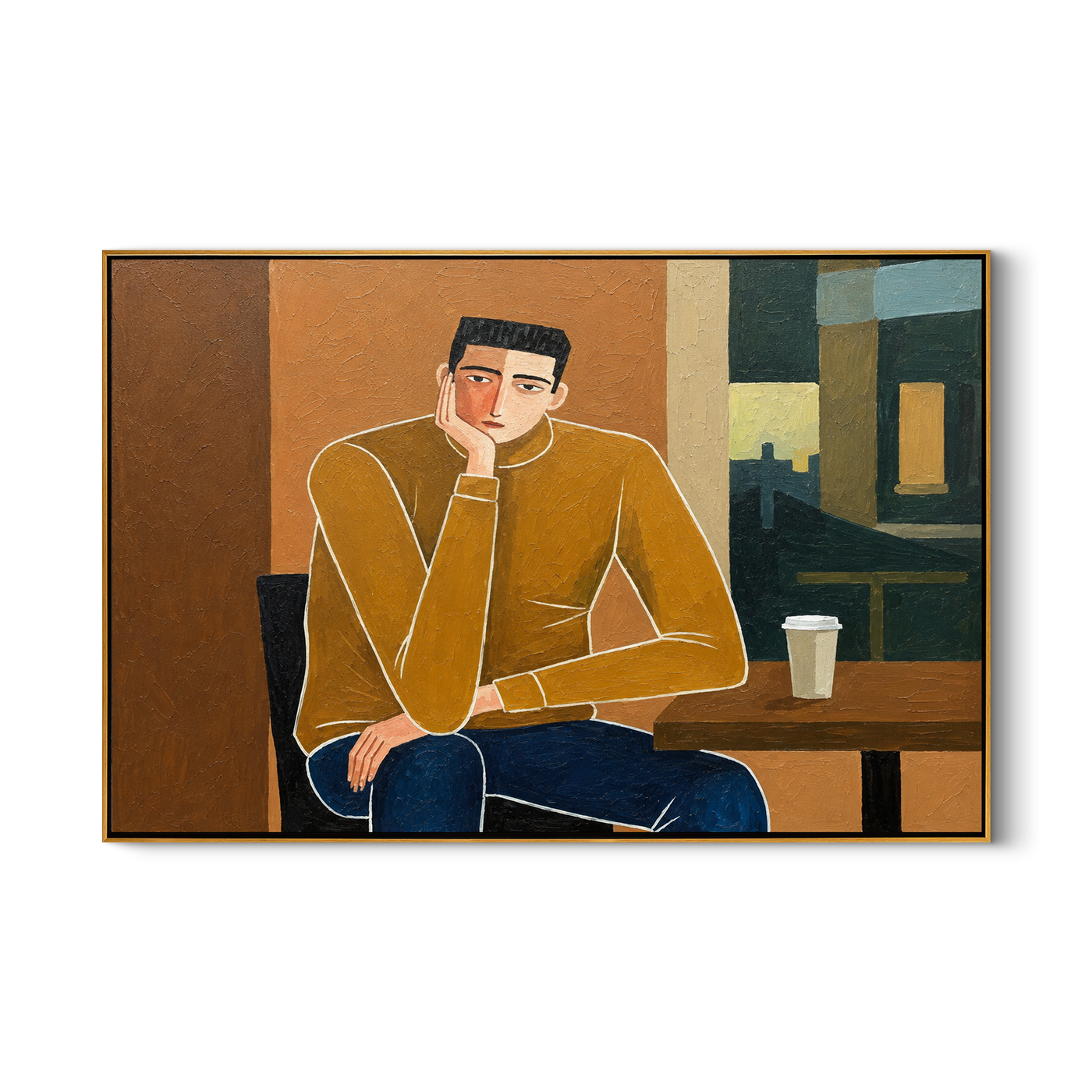 Still Embrace – brown and gold mid-century modern abstract figures art, horizontal hand-painted canvas art – view 1
