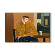 Still Embrace – brown and gold mid-century modern abstract figures art, horizontal hand-painted canvas art – view 1