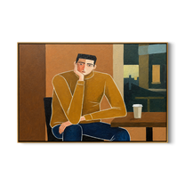 Still Embrace – brown and gold mid-century modern abstract figures art, horizontal hand-painted canvas art – view 1