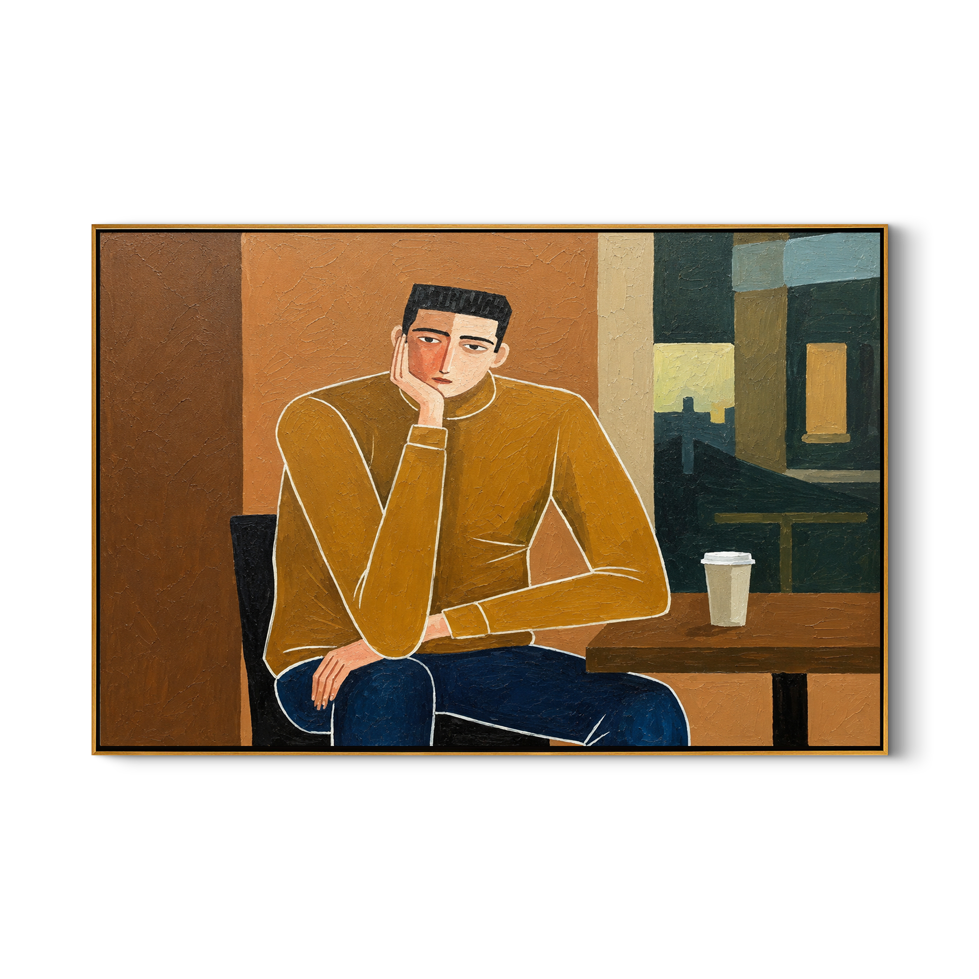 Still Embrace – brown and gold mid-century modern abstract figures art, horizontal hand-painted canvas art – view 1