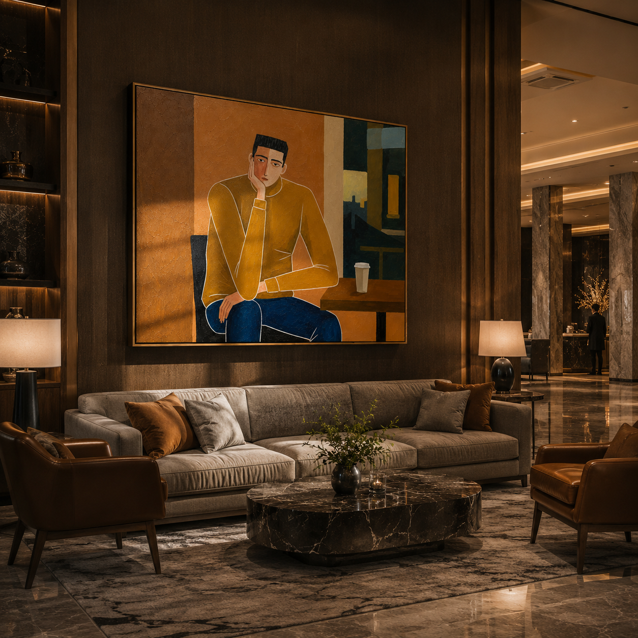 Still Embrace – brown and gold mid-century modern abstract figures art, horizontal hand-painted canvas art – view 2