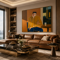 Still Embrace – brown and gold mid-century modern abstract figures art, horizontal hand-painted canvas art – view 3