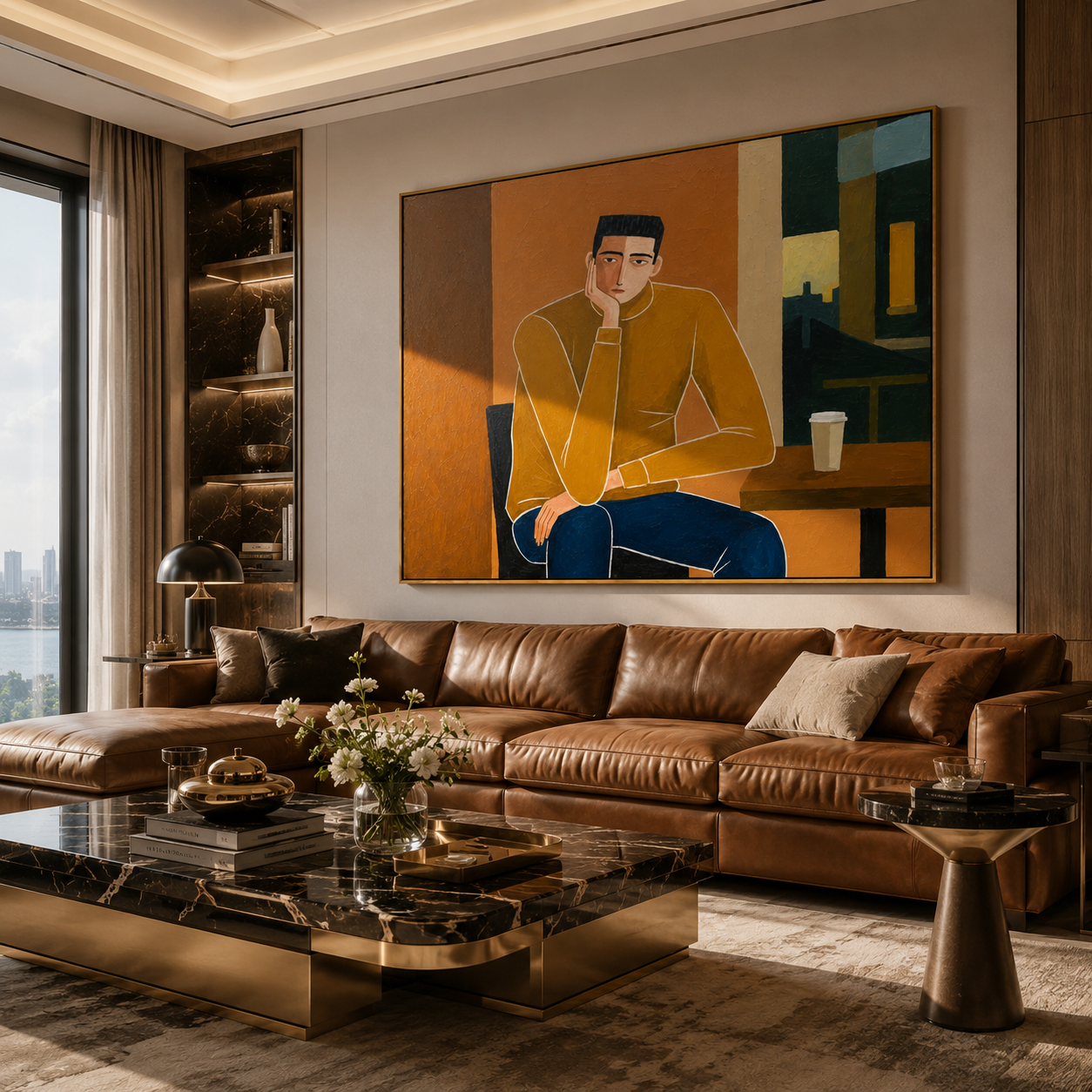 Still Embrace – brown and gold mid-century modern abstract figures art, horizontal hand-painted canvas art – view 3