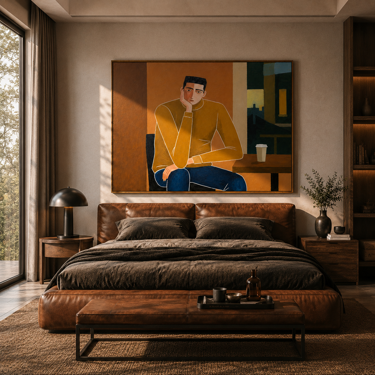 Still Embrace – brown and gold mid-century modern abstract figures art, horizontal hand-painted canvas art – view 4