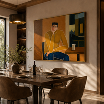 Still Embrace – brown and gold mid-century modern abstract figures art, horizontal hand-painted canvas art – view 5