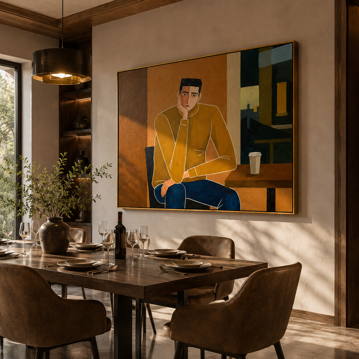Still Embrace – brown and gold mid-century modern abstract figures art, horizontal hand-painted canvas art – view 5
