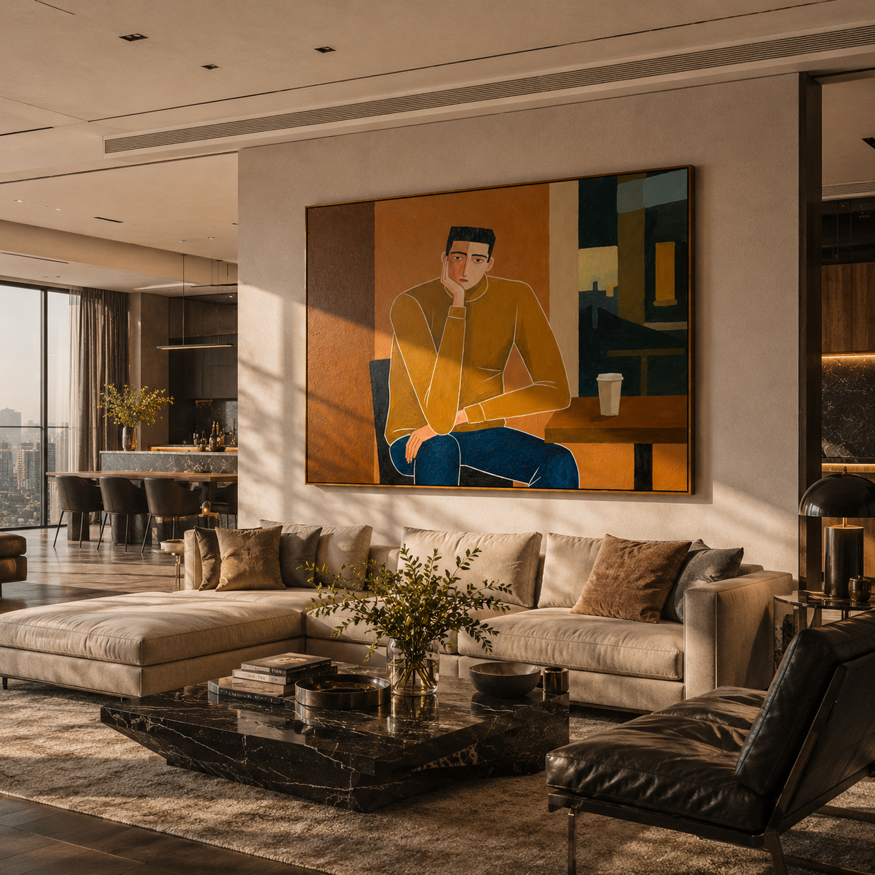 Still Embrace – brown and gold mid-century modern abstract figures art, horizontal hand-painted canvas art – view 6