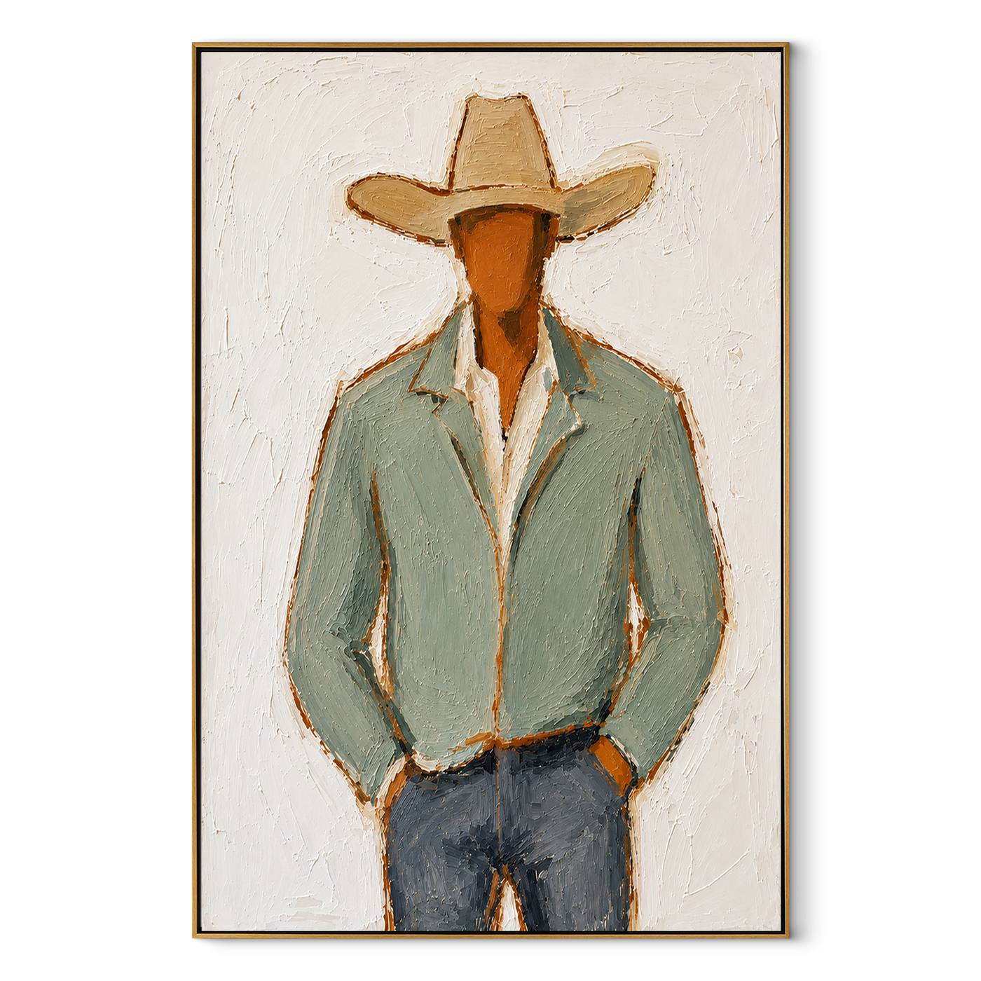 Sage Jacket Holds Ground – textured sage green cowboy figure painting – wood frame on white background – main view