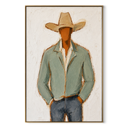 Sage Jacket Holds Ground – textured sage green cowboy figure painting – wood frame on white background – main view