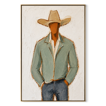 Sage Jacket Holds Ground – textured sage green cowboy figure painting – wood frame on white background – main view