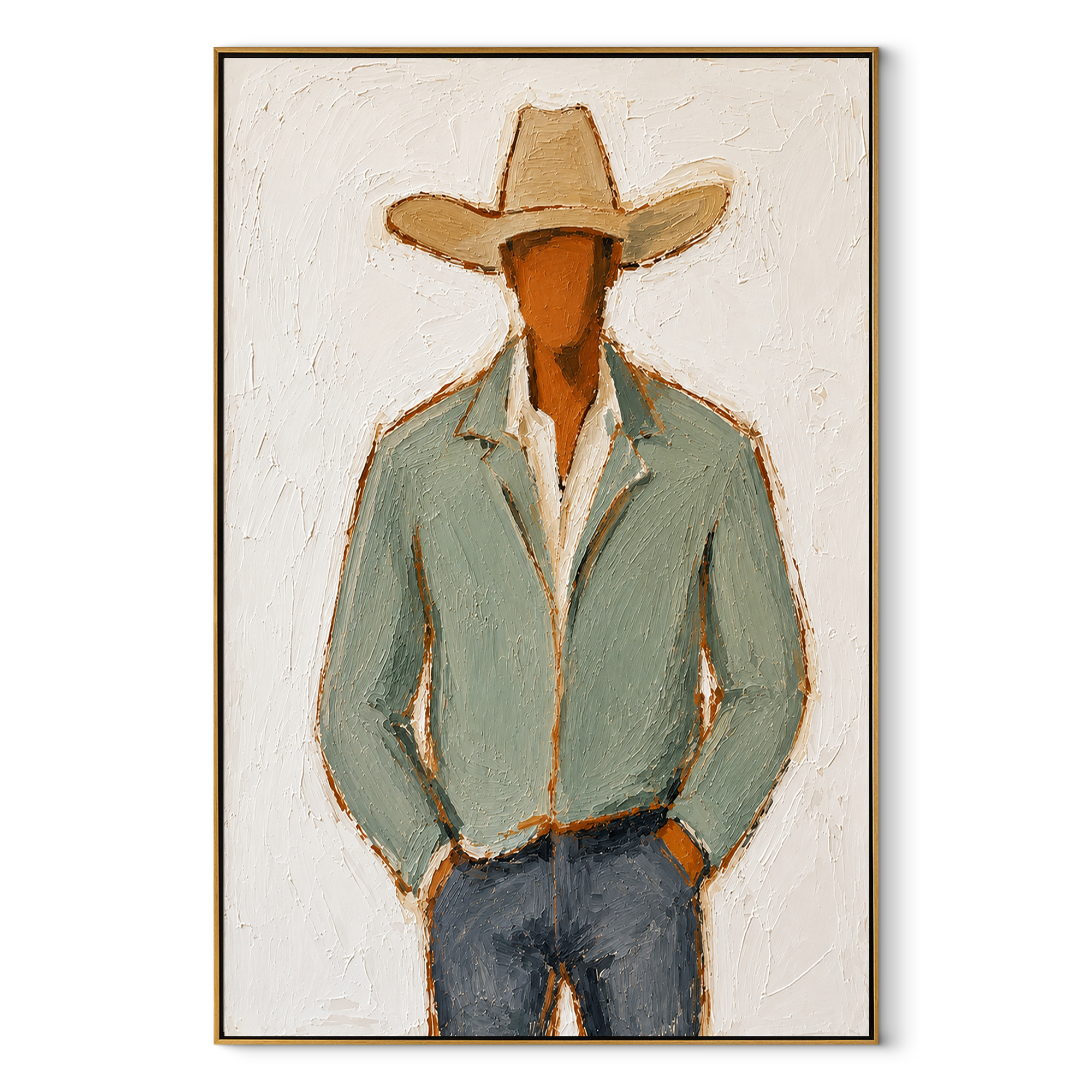 Sage Jacket Holds Ground – textured sage green cowboy figure painting – wood frame on white background – main view