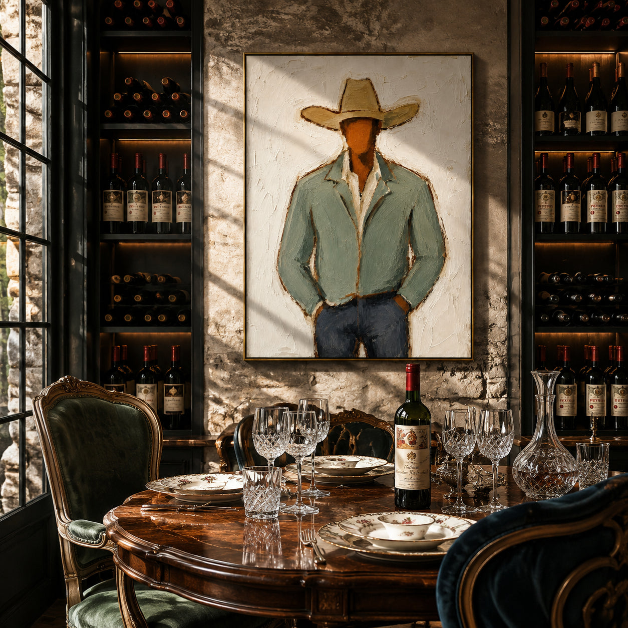 Sage Jacket Holds Ground – mid-century modern vertical cowboy wall art – room view 1