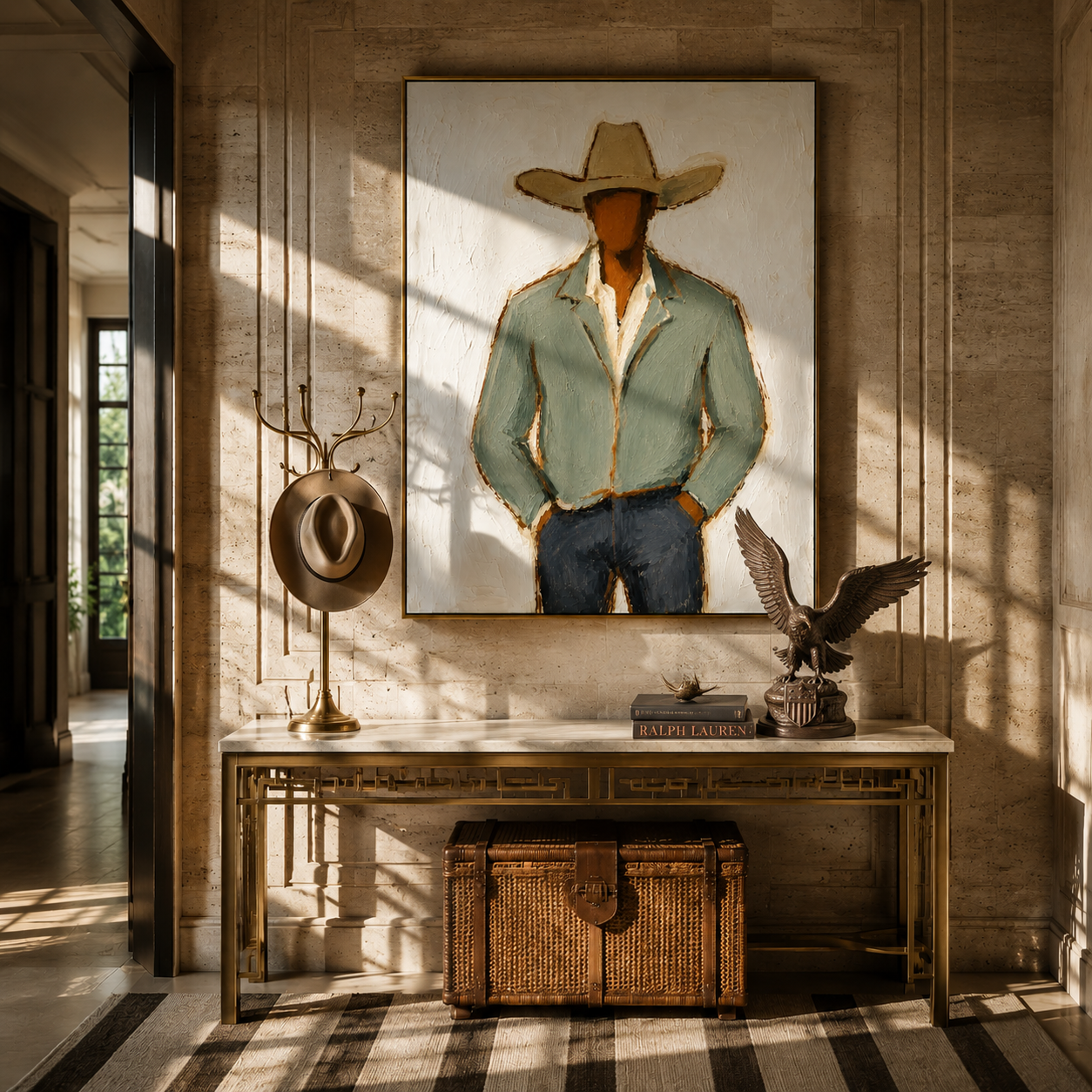 Sage Jacket Holds Ground – mid-century modern vertical cowboy wall art – room view 2