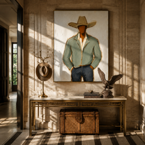 Sage Jacket Holds Ground – mid-century modern vertical cowboy wall art – room view 2