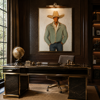 Sage Jacket Holds Ground – mid-century modern vertical cowboy wall art – room view 4