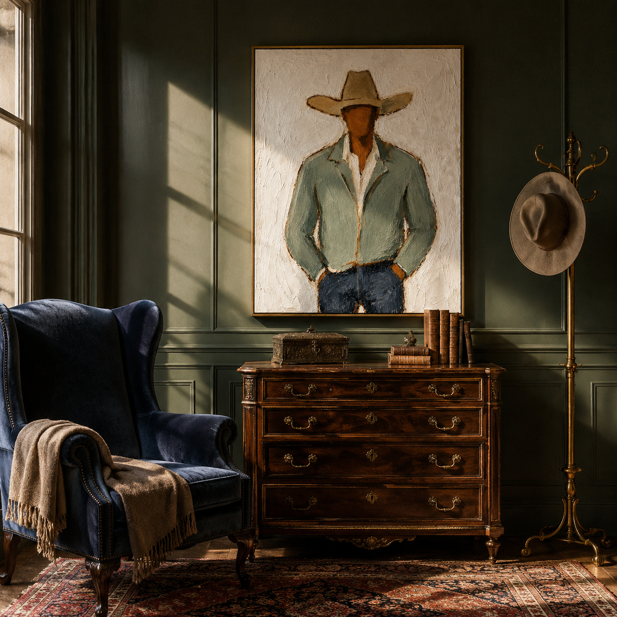 Sage Jacket Holds Ground – mid-century modern vertical cowboy wall art – room view 5