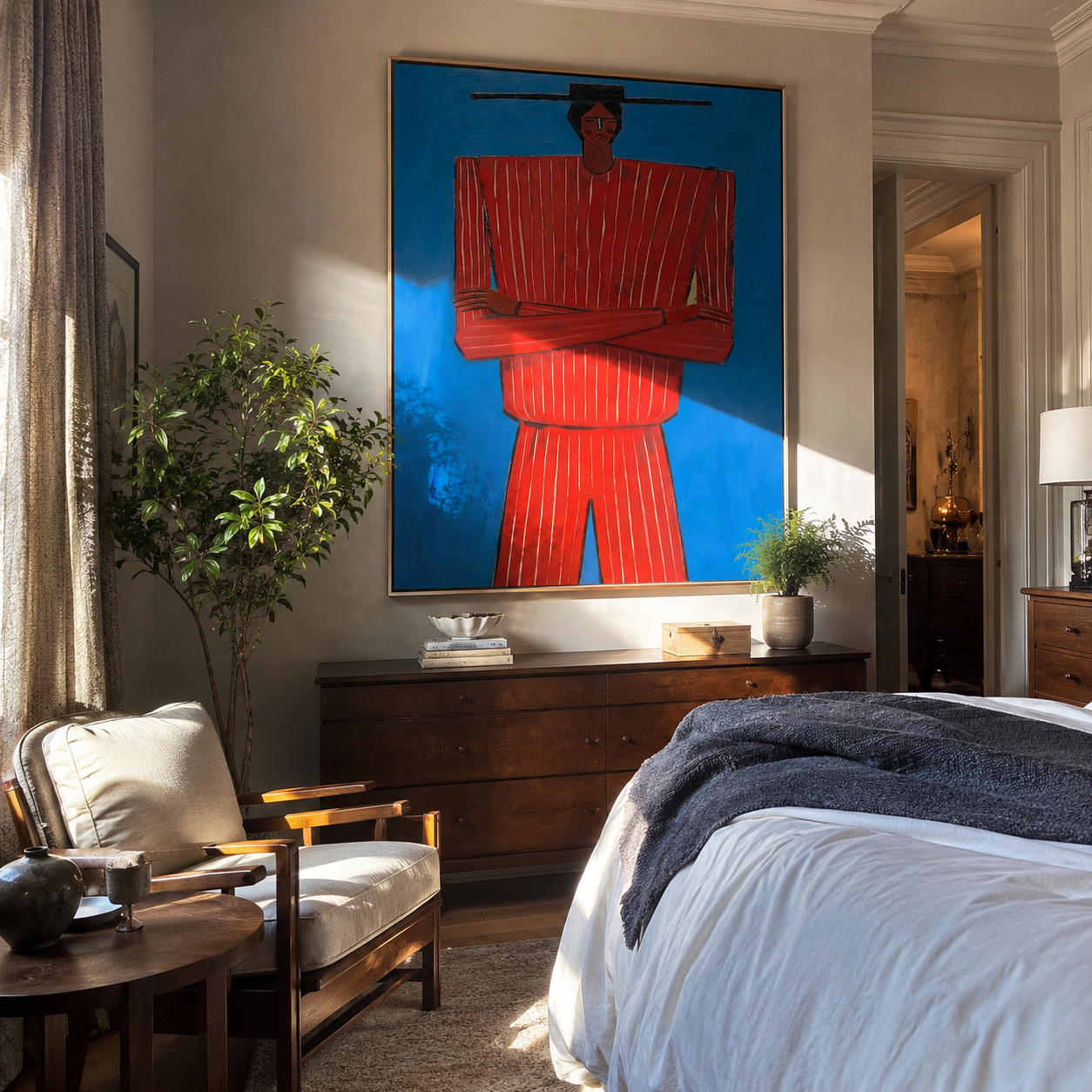 Blue Holds Crimson Still – Crossed Arm Red Figure painting by Adrian Lee, mid-century modern vertical wall art – styled room scene view 1