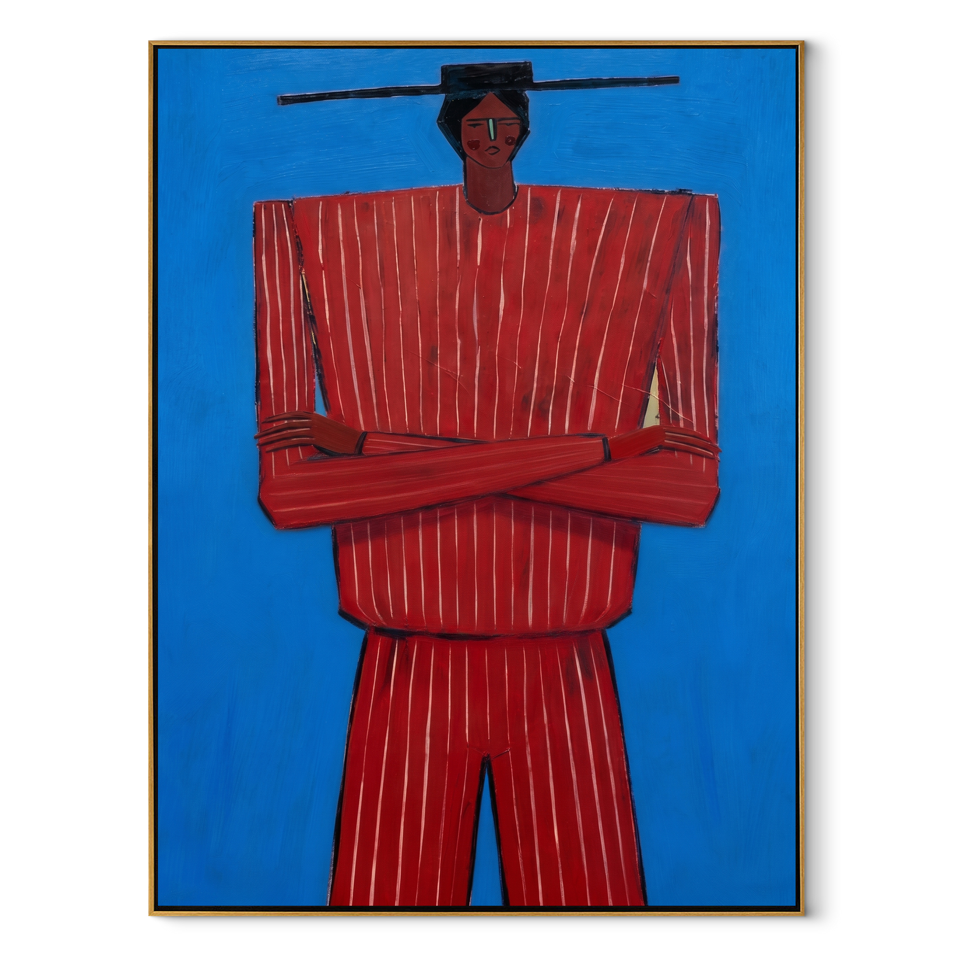 Blue Holds Crimson Still – Crossed Arm Red Figure painting by Adrian Lee, mid-century modern vertical wall art – wood frame on white background