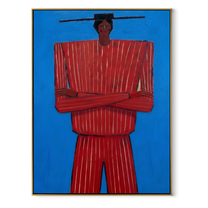Blue Holds Crimson Still – Crossed Arm Red Figure painting by Adrian Lee, mid-century modern vertical wall art – wood frame on white background