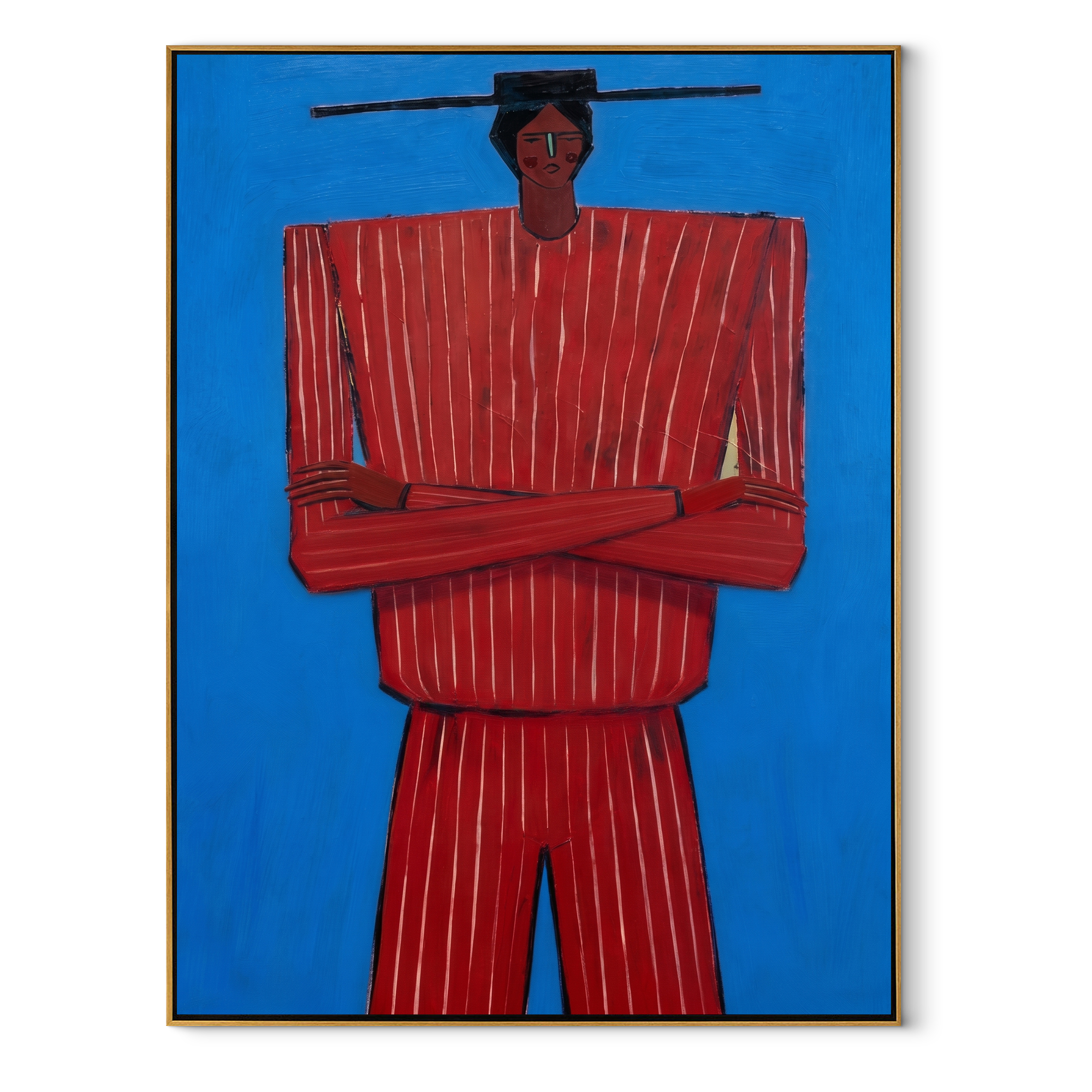 Blue Holds Crimson Still – Crossed Arm Red Figure painting by Adrian Lee, mid-century modern vertical wall art – wood frame on white background