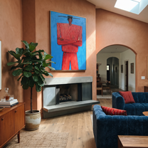 Blue Holds Crimson Still – Crossed Arm Red Figure painting by Adrian Lee, mid-century modern vertical wall art – styled room scene view 3