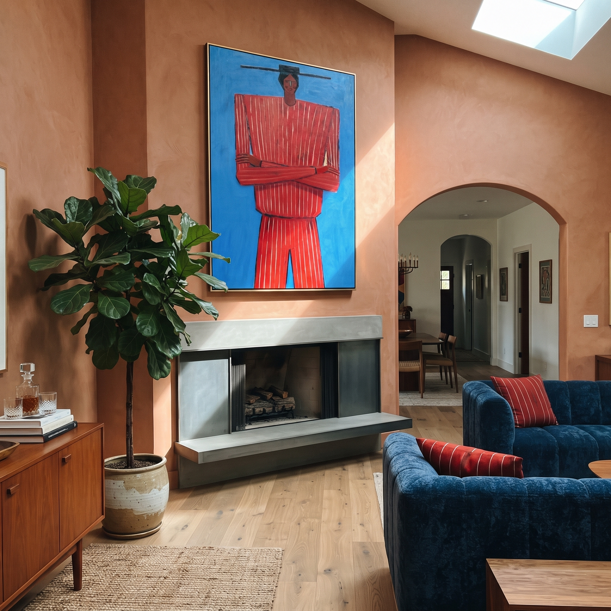 Blue Holds Crimson Still – Crossed Arm Red Figure painting by Adrian Lee, mid-century modern vertical wall art – styled room scene view 3
