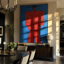 Blue Holds Crimson Still – Crossed Arm Red Figure painting by Adrian Lee, mid-century modern vertical wall art – styled room scene view 4