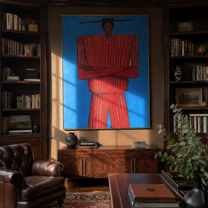 Blue Holds Crimson Still – Crossed Arm Red Figure painting by Adrian Lee, mid-century modern vertical wall art – styled room scene view 5