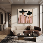 Two Brims Share Quiet – Paired Black Hat Figures painting by Adrian Lee, mid-century modern square wall art – styled room scene view 1