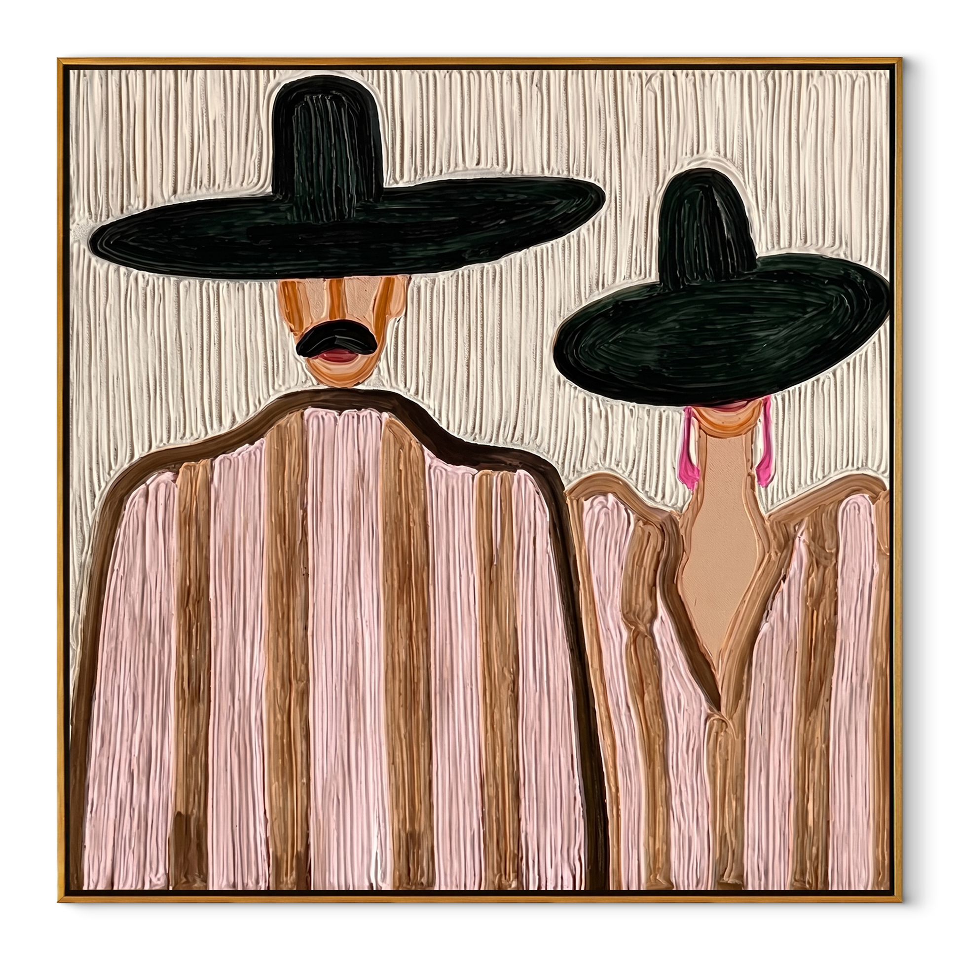 Two Brims Share Quiet – Paired Black Hat Figures painting by Adrian Lee, mid-century modern square wall art – wood frame on white background