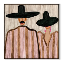 Two Brims Share Quiet – Paired Black Hat Figures painting by Adrian Lee, mid-century modern square wall art – wood frame on white background