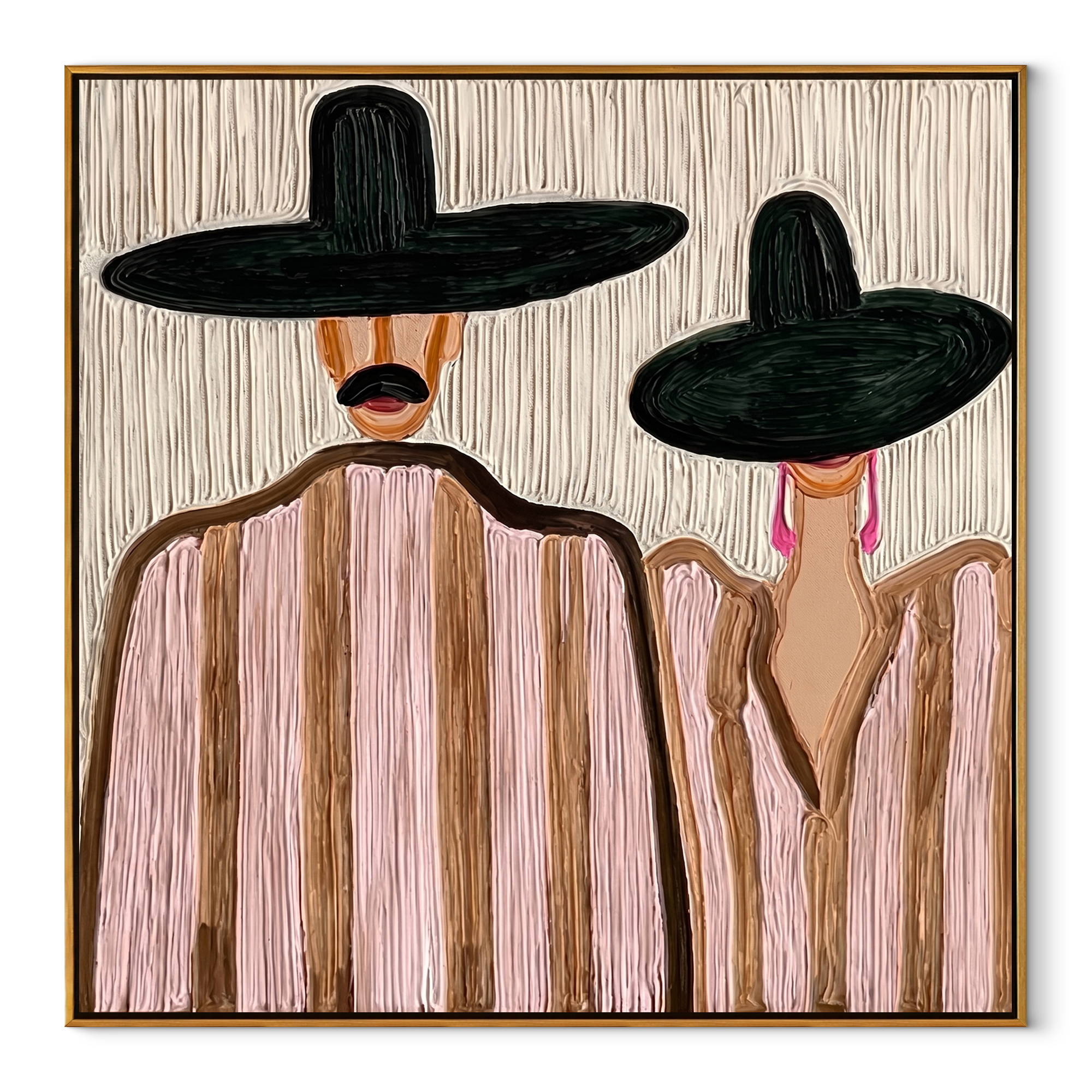 Two Brims Share Quiet – Paired Black Hat Figures painting by Adrian Lee, mid-century modern square wall art – wood frame on white background