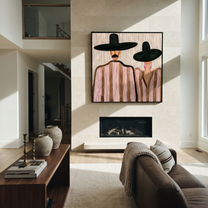 Two Brims Share Quiet – Paired Black Hat Figures painting by Adrian Lee, mid-century modern square wall art – styled room scene view 2