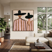 Two Brims Share Quiet – Paired Black Hat Figures painting by Adrian Lee, mid-century modern square wall art – styled room scene view 3