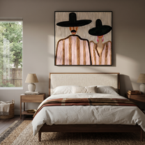Two Brims Share Quiet – Paired Black Hat Figures painting by Adrian Lee, mid-century modern square wall art – styled room scene view 4