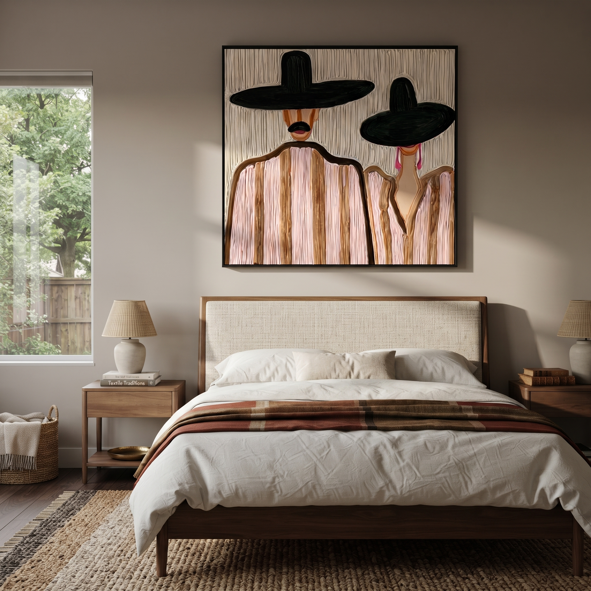 Two Brims Share Quiet – Paired Black Hat Figures painting by Adrian Lee, mid-century modern square wall art – styled room scene view 4