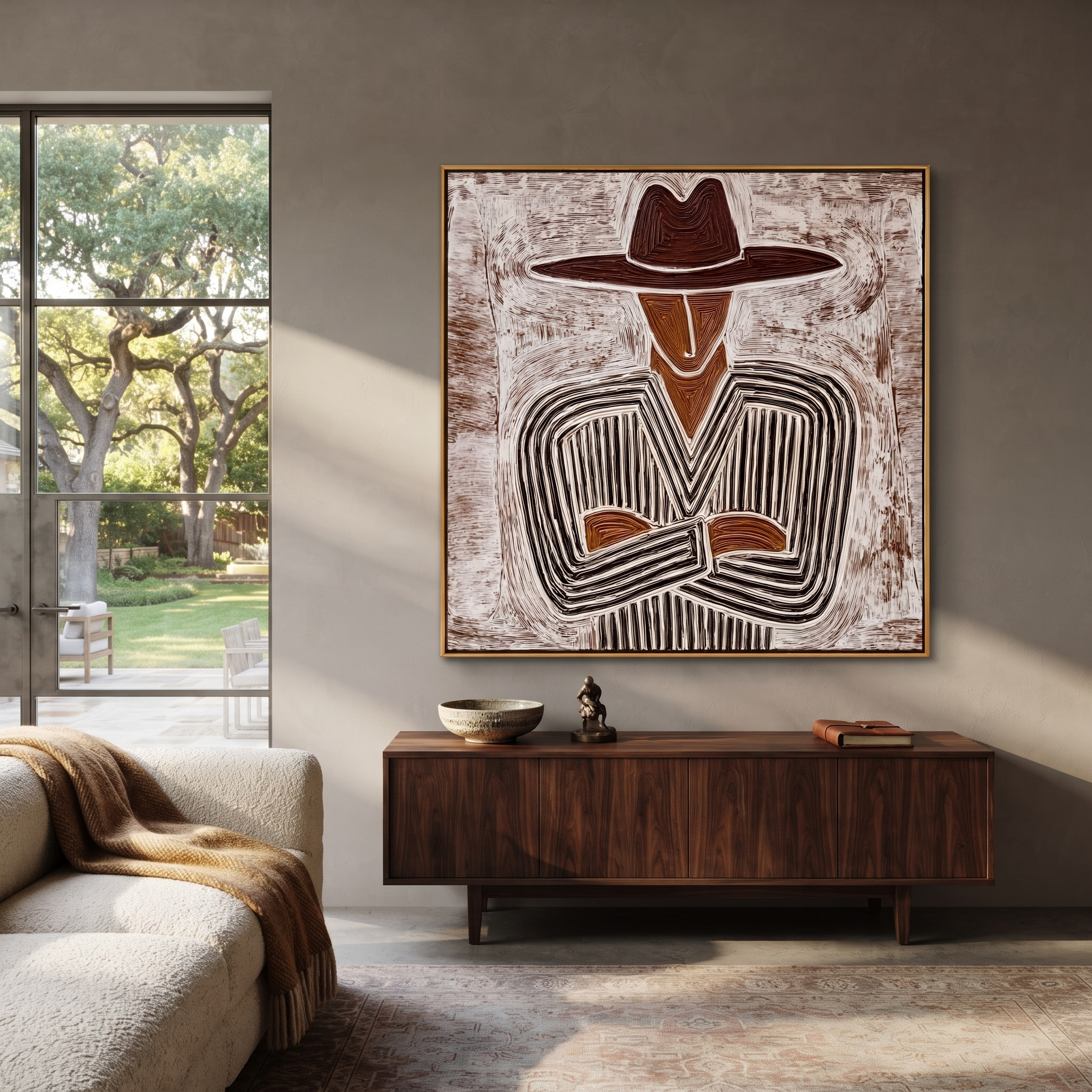 Etched Lines Fold Inward – Folded Arm Cowboy painting by Adrian Lee, mid-century modern square wall art – styled room scene view 1