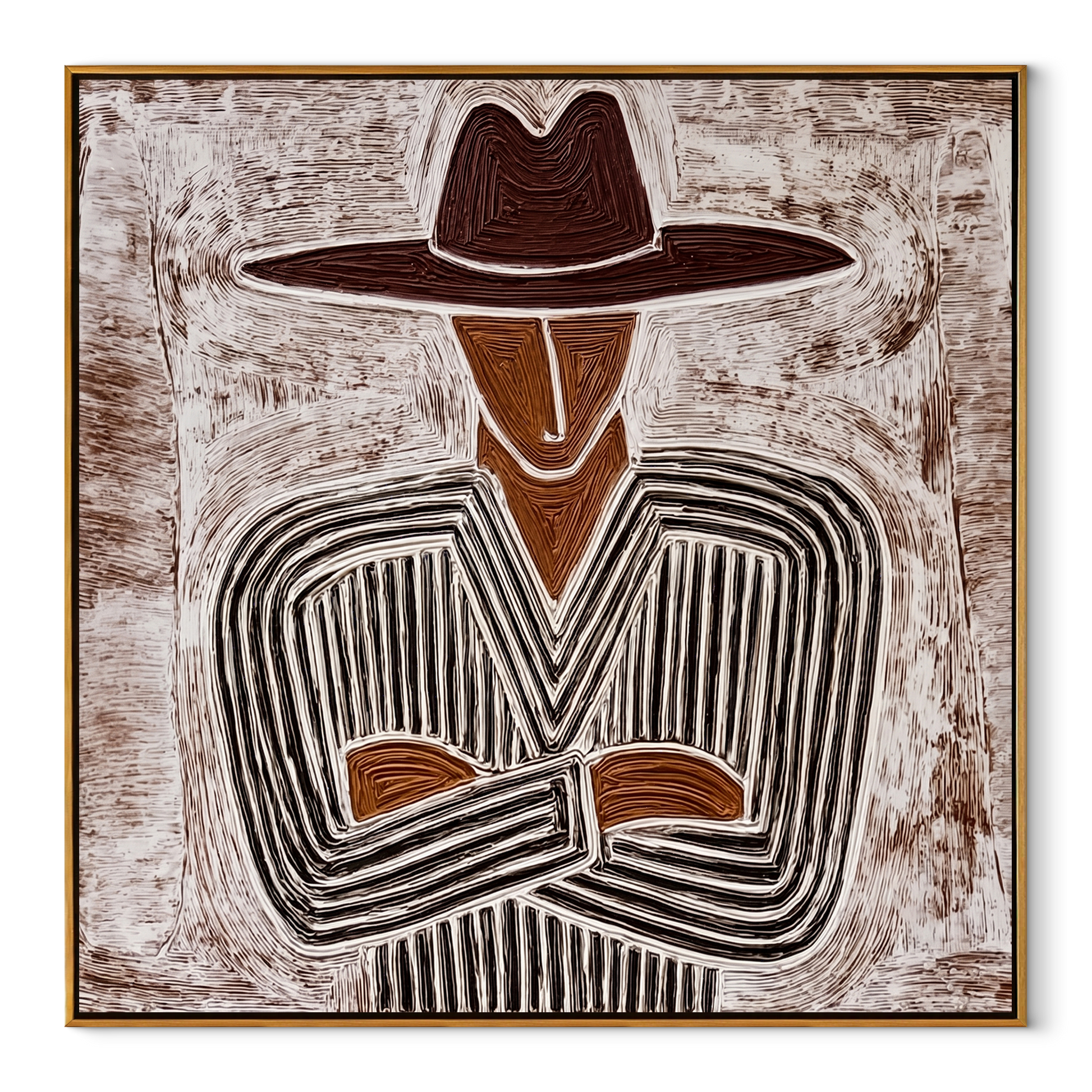 Etched Lines Fold Inward – Folded Arm Cowboy painting by Adrian Lee, mid-century modern square wall art – wood frame on white background